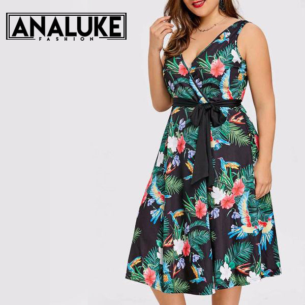 Plus Size Hawaiian Leaf Midi Boho Dress