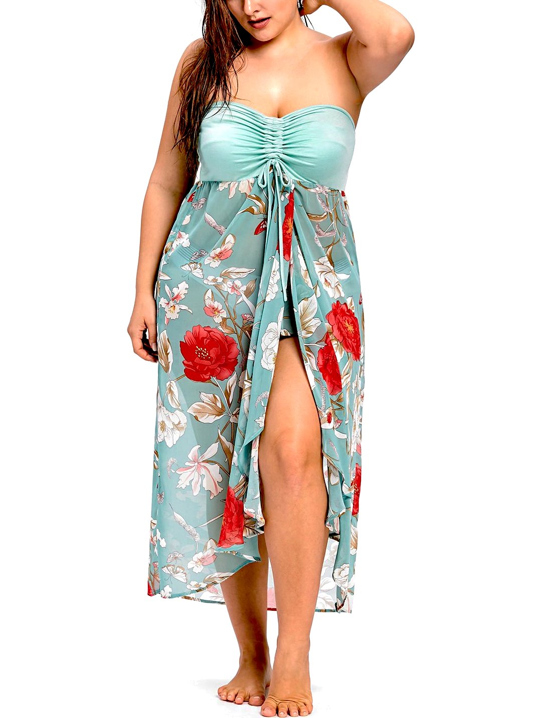 Slit Strapless Floral Beach Maxi Dress