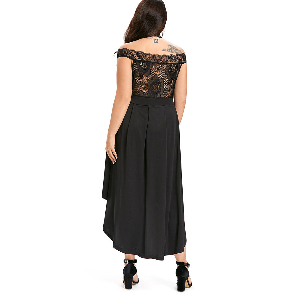 Solid Black Lace Dip Hem Swing Dress