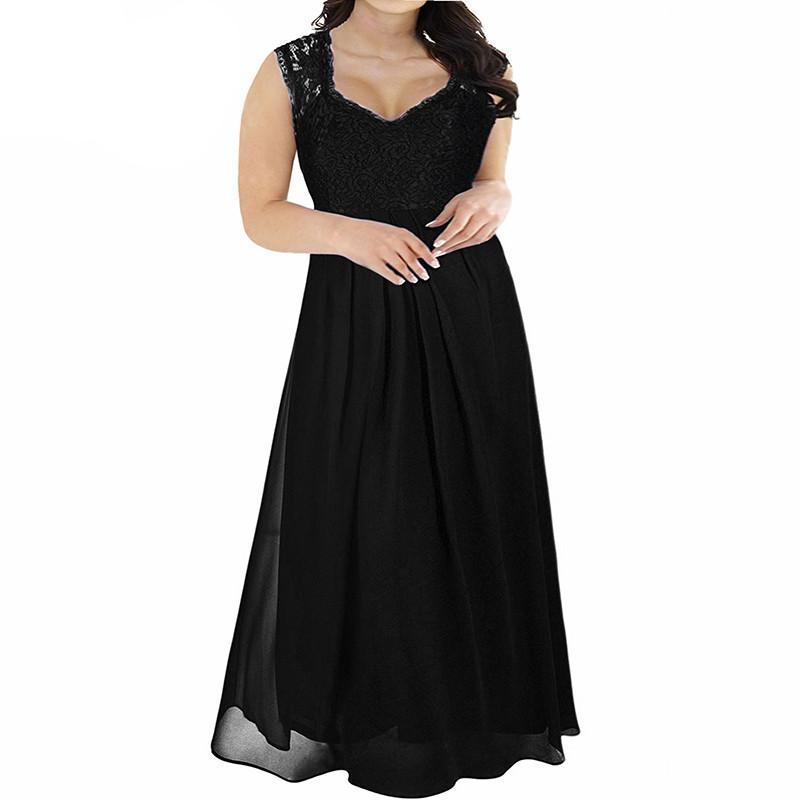 Lace Top Deep V-neck Chiffon Maxi Dress