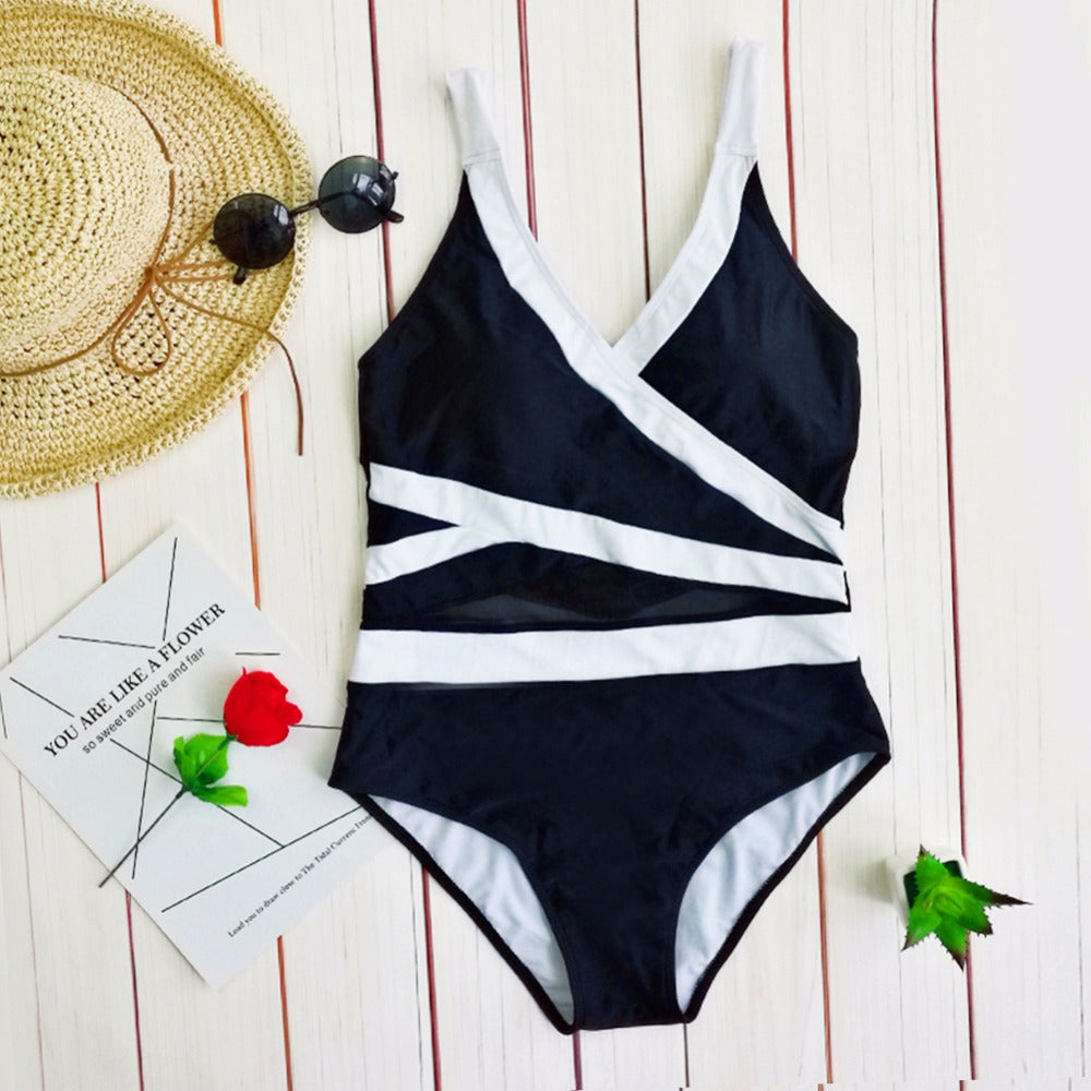 New Patchwork Black And White Swimsui