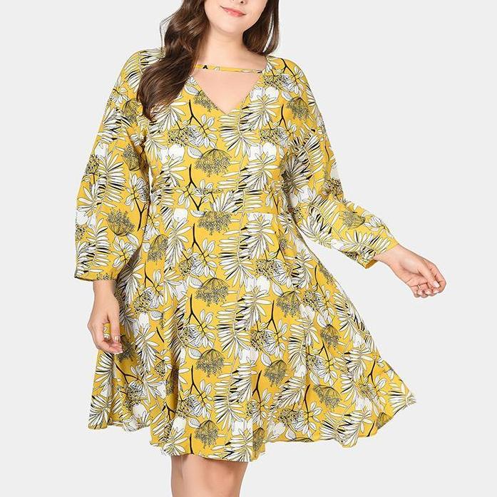 Yellow Leaf Print Dress