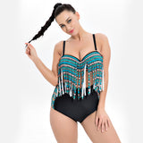 SUNCREST 2018 Sexy Plus Size Swimwear Women Large Size Tassels Swim Bathing Suit Push Up High Waist Bikini Set Striped Swimsuit