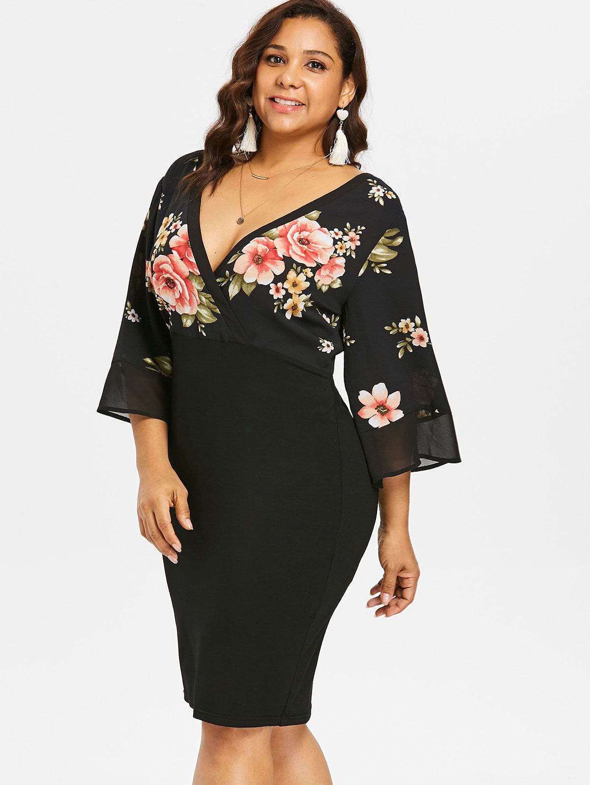 Sleeve Low Cut Floral Party Dress