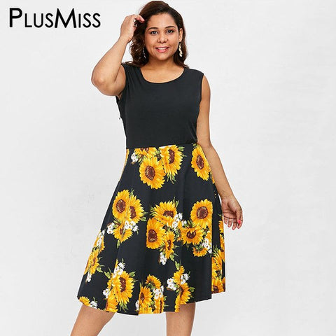 Sleeveless Sunflower Print Dresses